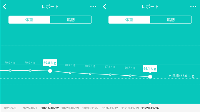 1ヶ月のダイエット、週ごとの平均値グラフ