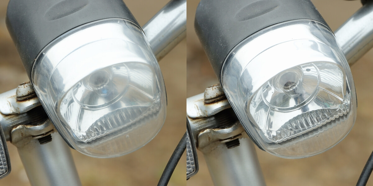白く曇った自転車のライトカバーをピカールで磨いた比較