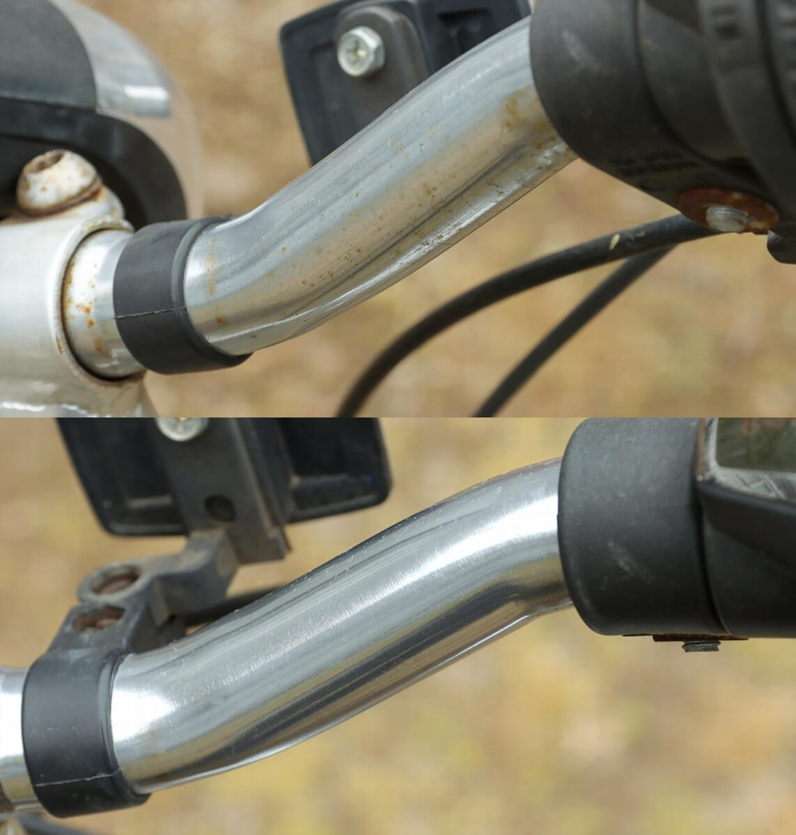 自転車のハンドルをピカールで磨いた比較