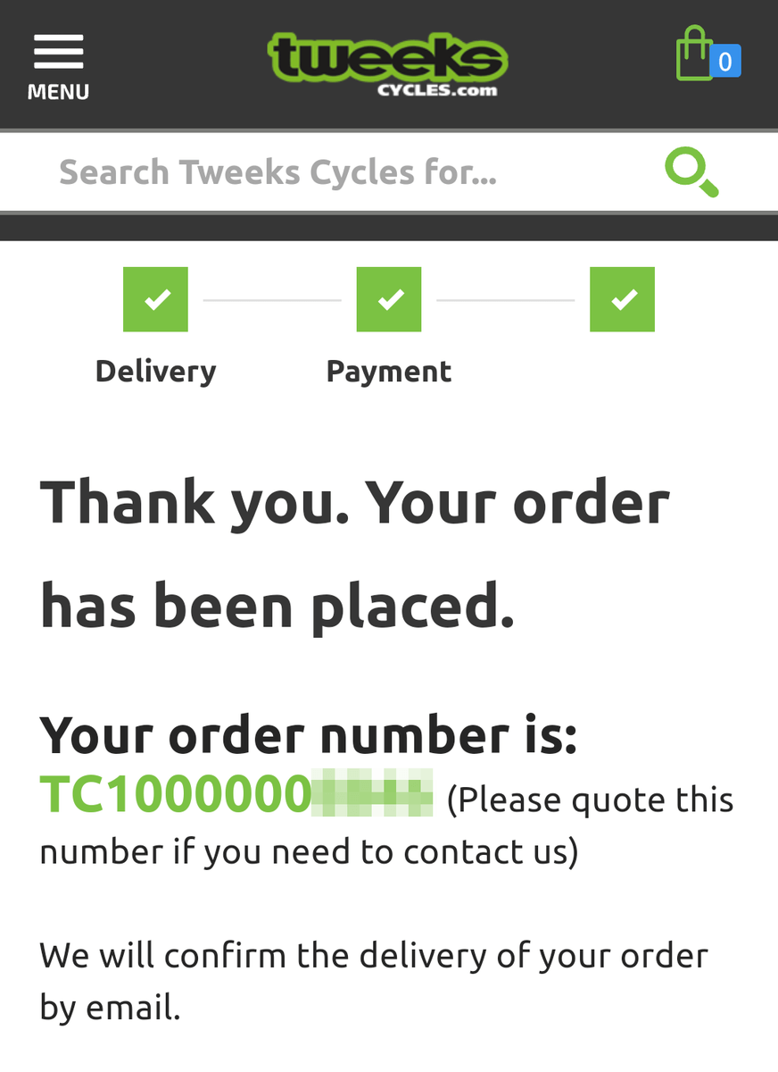 Tweeks Cycles 購入完了画面